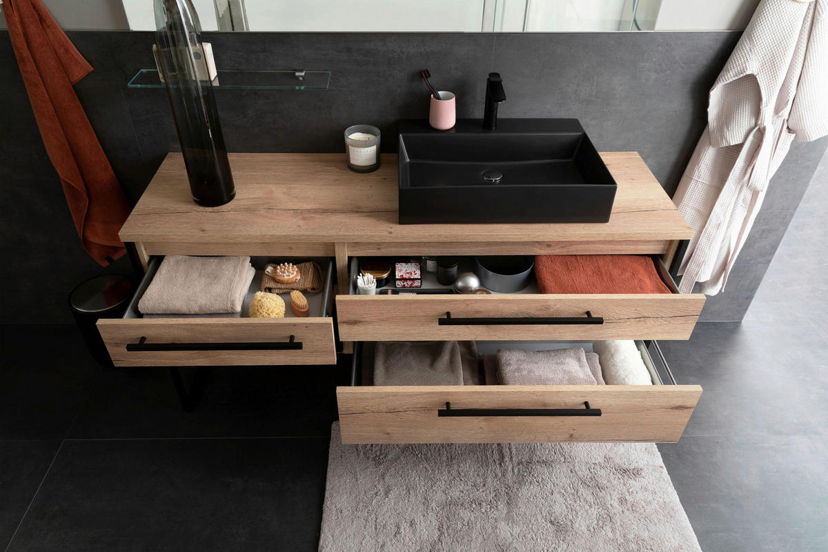 BADEZIMMER 2-teilig  in 164 cm  - Eichefarben/Schwarz, Design, Keramik/Holzwerkstoff (164cm) - Schöner Wohnen