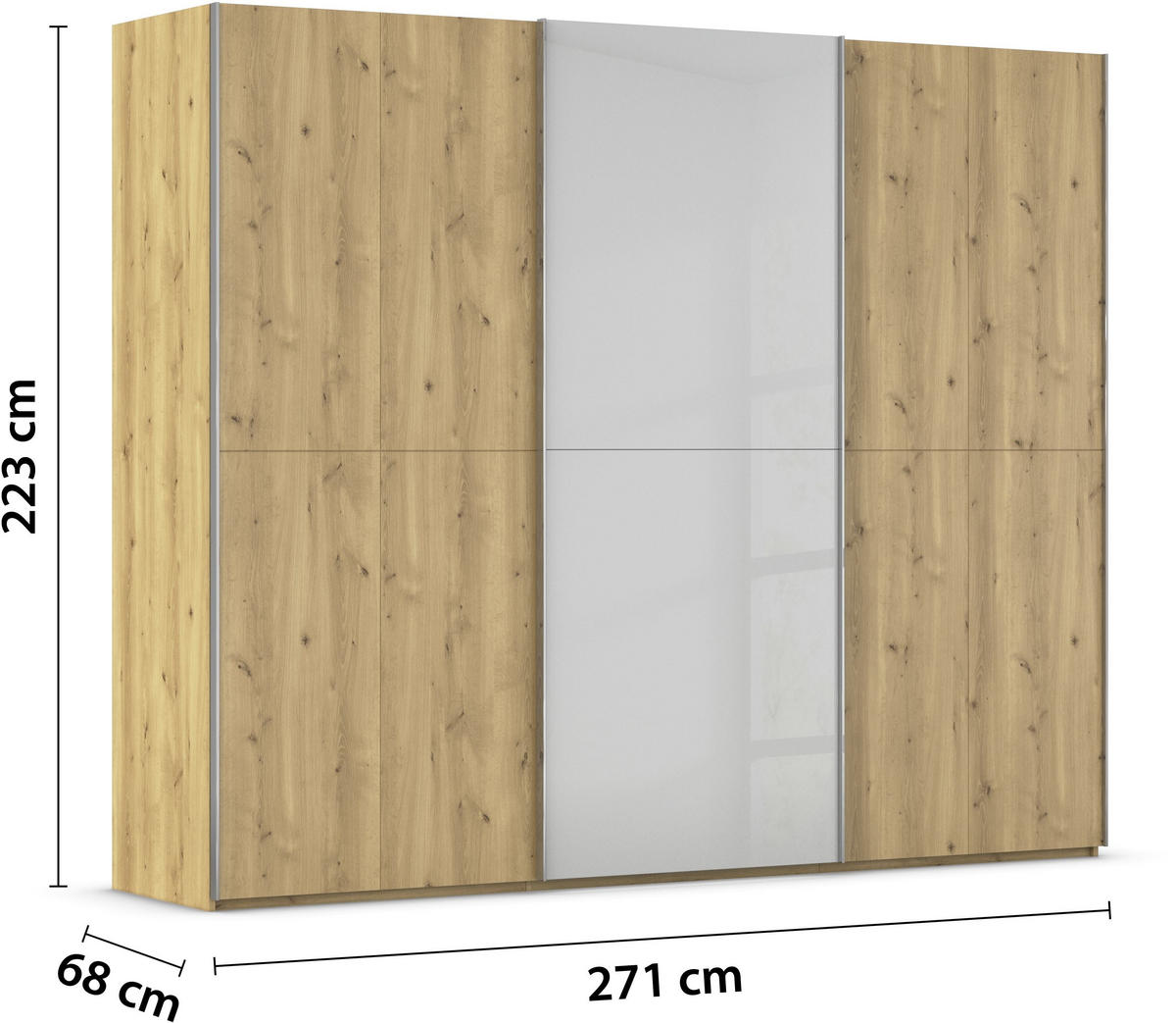 SCHWEBETÜRENSCHRANK 270/223/68 cm 3-türig Eichefarben, Chromfarben, Hellgrau  - Chromfarben/Eichefarben, Design, Glas/Holz (270/223/68cm) - Novel