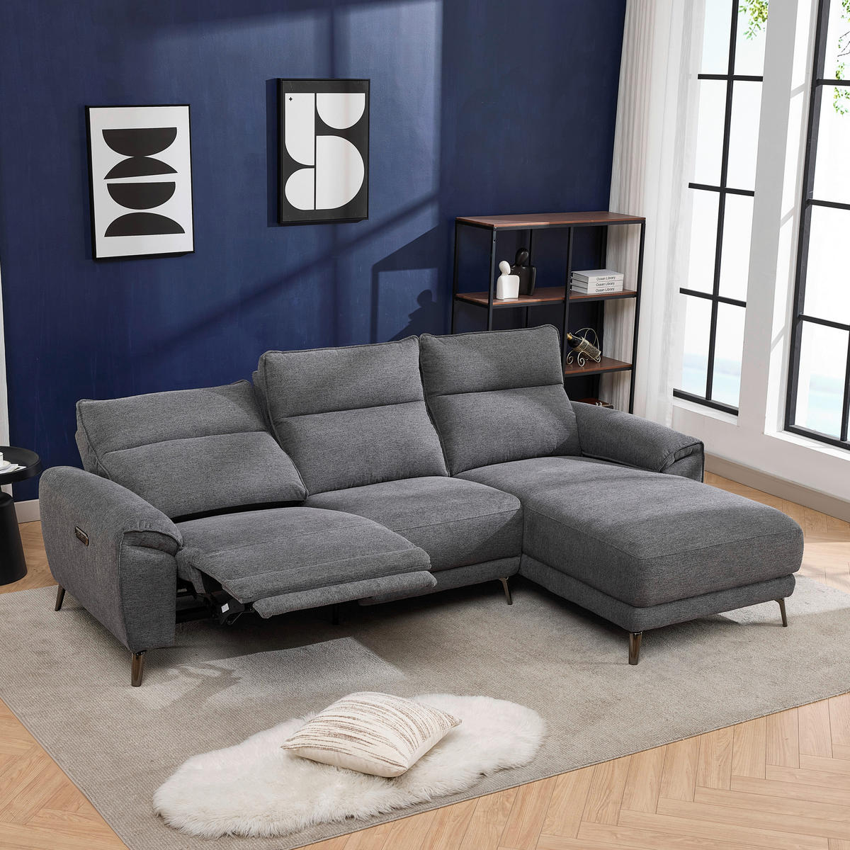 ECKSOFA Dunkelgrau Webstoff Rücken echt, Relaxfunktion  - Chromfarben/Dunkelgrau, Design, Textil/Metall (272/168cm) - Carryhome