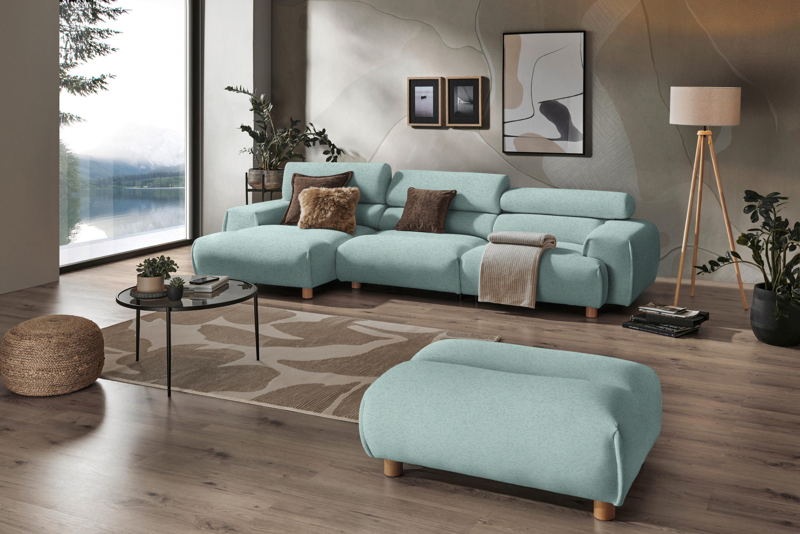 ECKSOFA  in Velours Mintgrün  150/329 cm  - Mintgrün, Natur, Holz/Textil (150/329cm) - Lomoco
