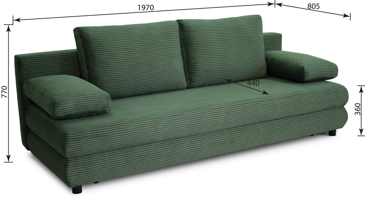 SCHLAFSOFA Cord Grün  - Schwarz/Grün, Design, Kunststoff/Textil (197/77/81cm) - home24