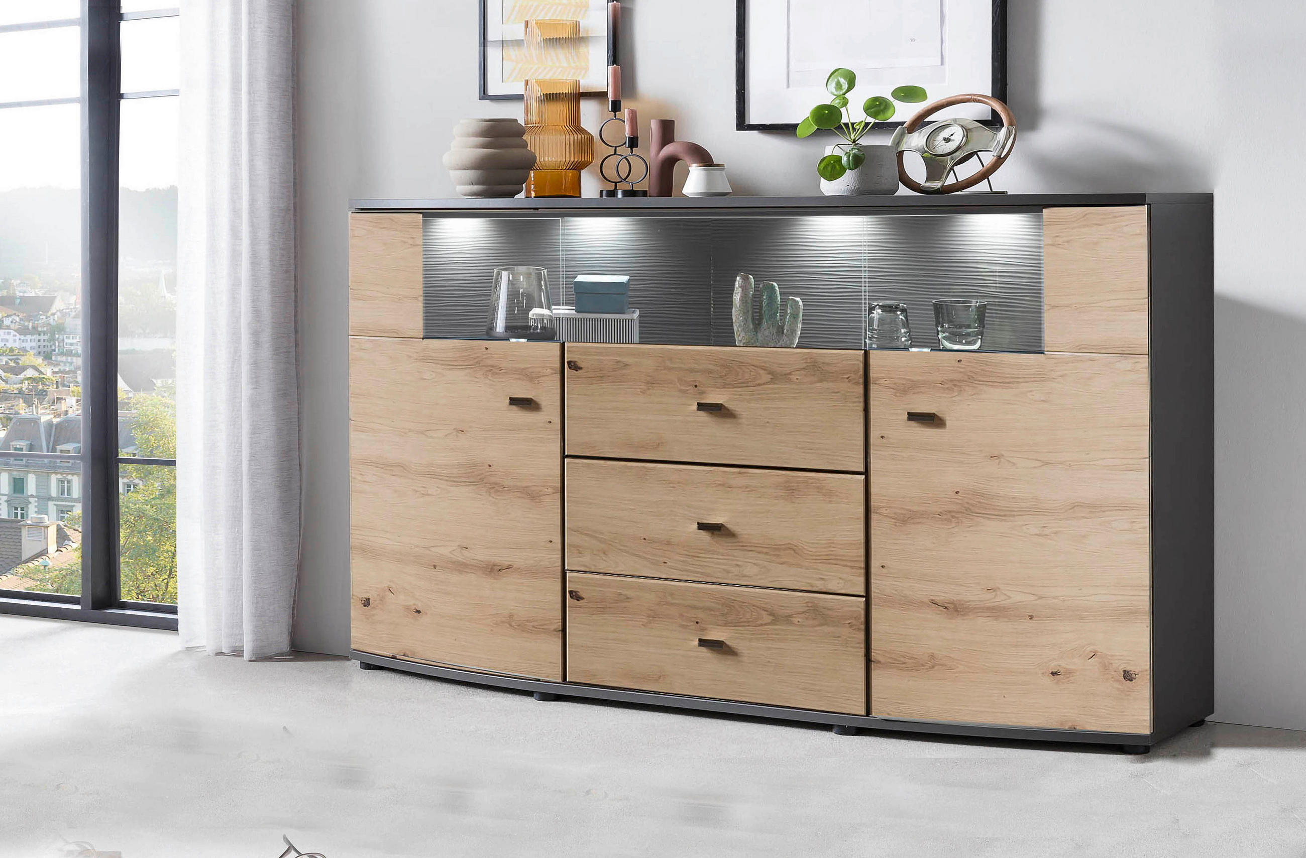 ŠIROKÁ KOMODA, hnědá, šedá, 160/86,8/41,6 cm - šedá/černá, Lifestyle, kov/kompozitní dřevo (160/86,8/41,6cm) - Livetastic