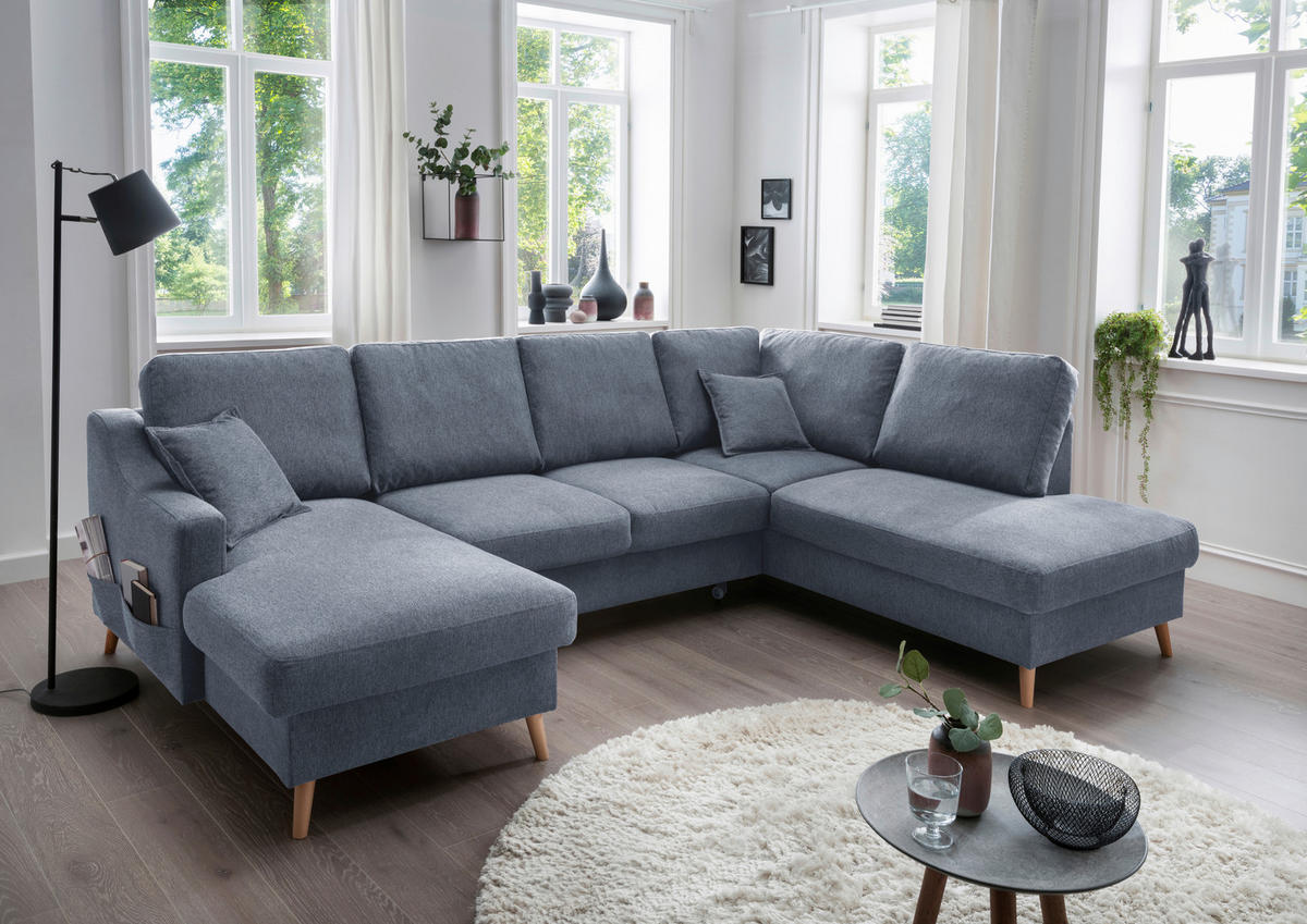 WOHNLANDSCHAFT in Struktur Blau  - Blau/Naturfarben, KONVENTIONELL, Holz/Textil (150/301/200cm) - P & B