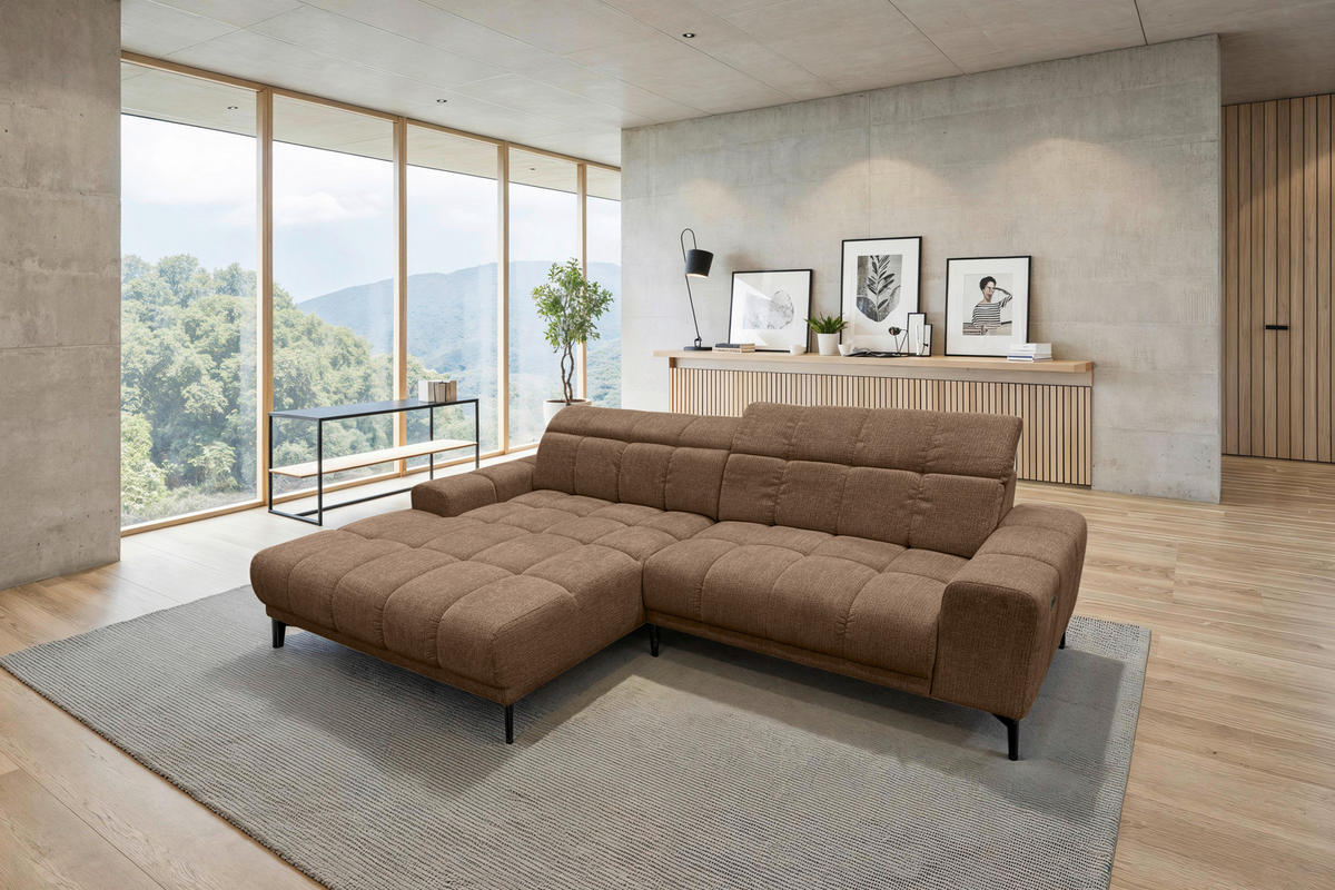 ECKSOFA inkl.Funktionen Hellbraun Chenille  - Hellbraun/Schwarz, MODERN, Textil/Metall (195/300cm) - Xora