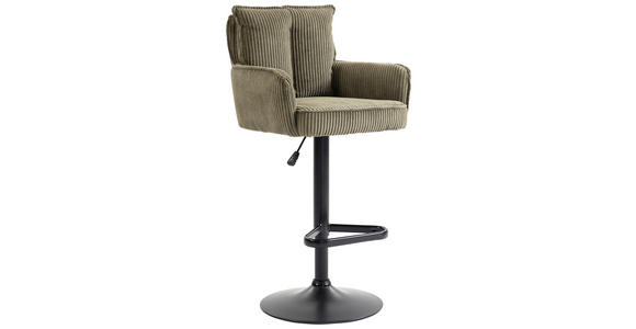 BARHOCKER Cord Olivgrün Eisen Stoffauswahl, Sitzfläche 360° drehbar, inklusive Armlehnen  - Schwarz/Olivgrün, Design, Textil/Metall (54/101-122/58cm) - Novel