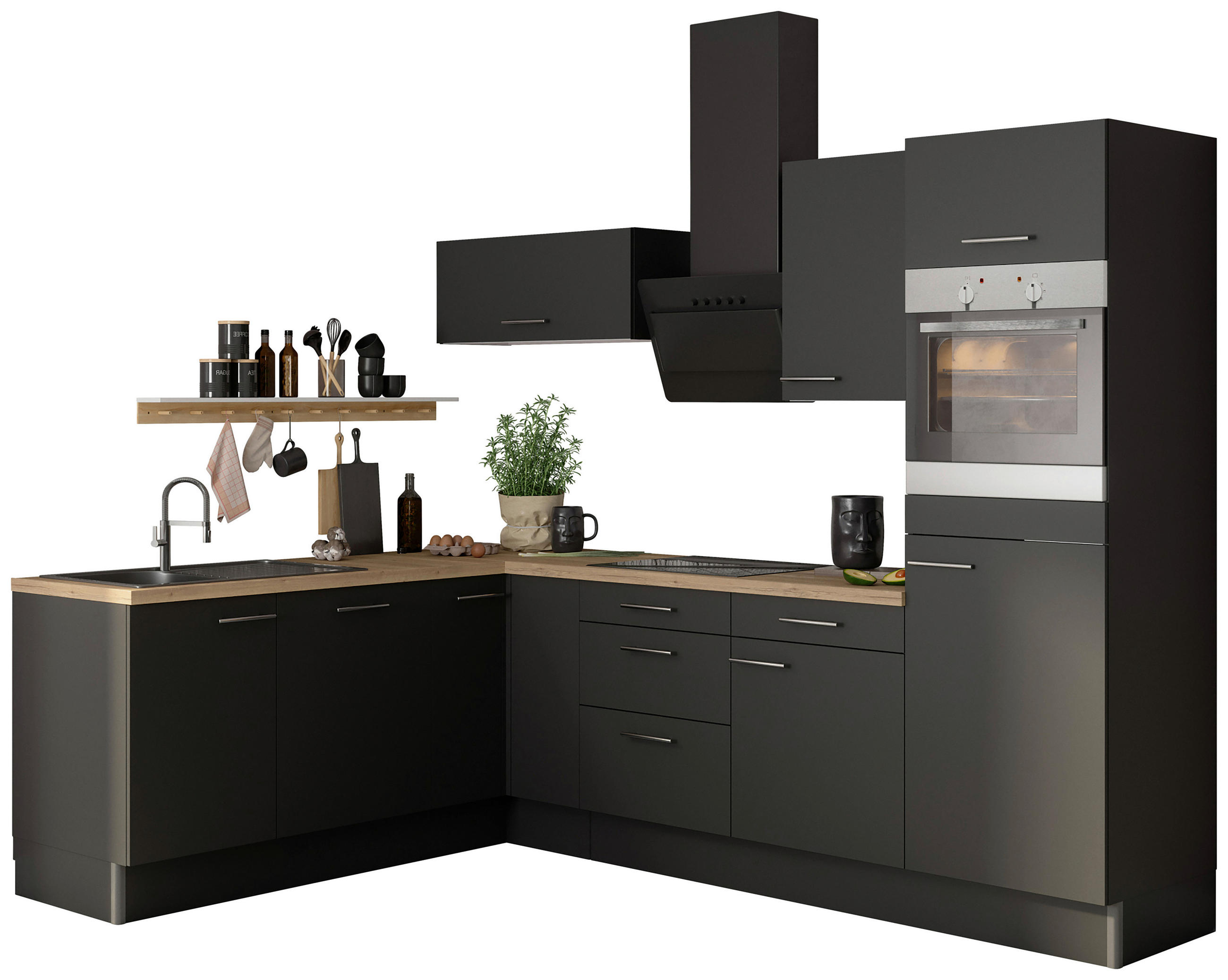 ECKKÜCHE 200/270 cm  in Anthrazit  - Edelstahlfarben/Eichefarben, Basics, Holzwerkstoff/Metall (200/270cm) - Optifit