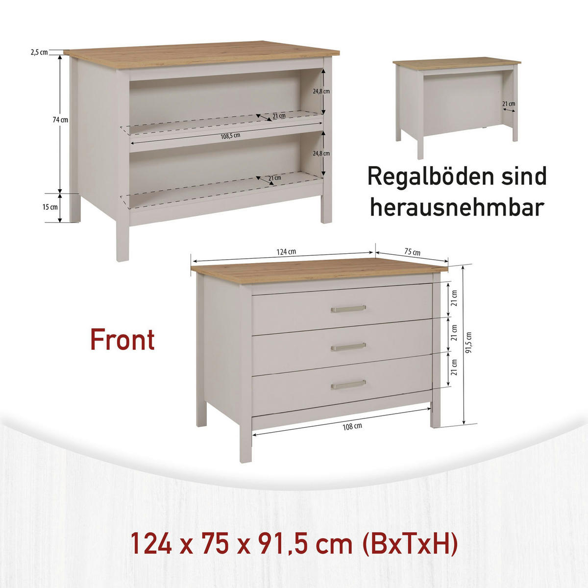 KÜCHENINSEL 124/91,5/75 cm  in Kaschmir, Eiche Artisan  - Kaschmir/Silberfarben, ROMANTIK / LANDHAUS, Holzwerkstoff/Metall (124/91,5/75cm) - home24