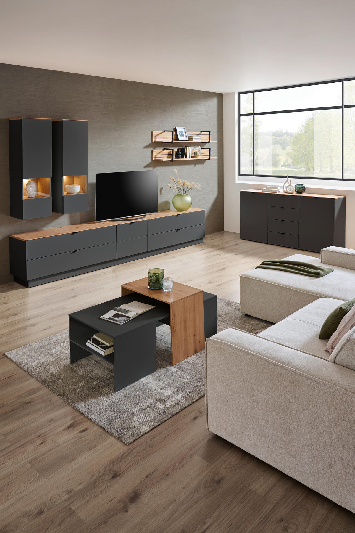 TV DIEL, grafitová, dub artisan, 140/62/44 cm - čierna/grafitová, Modern, kov/kompozitné drevo (140/62/44cm) - Hom`in