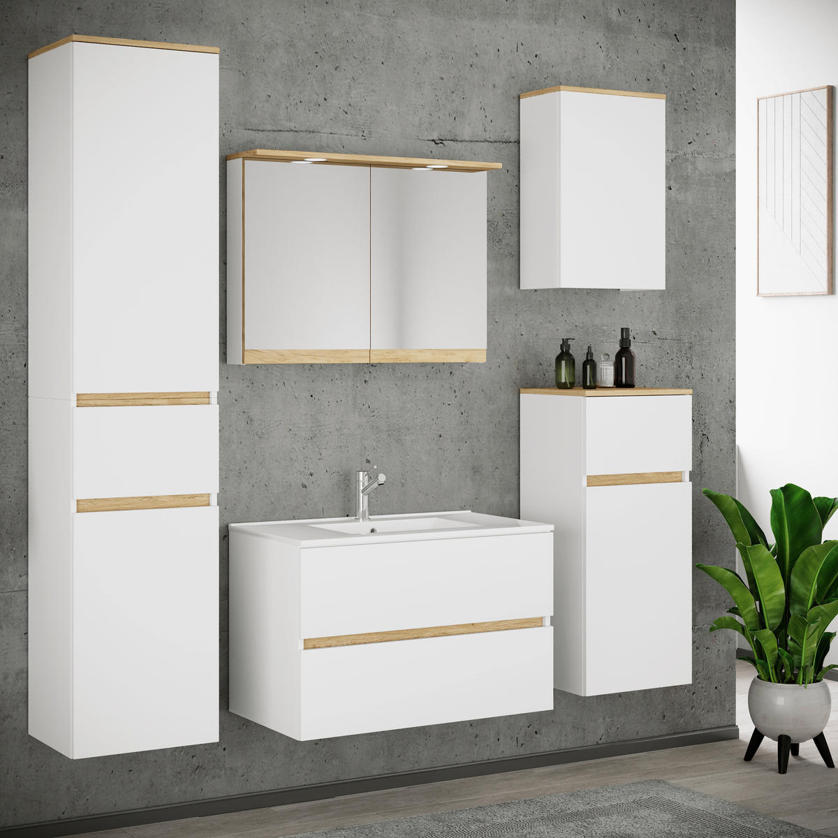 BADEZIMMER 6-teilig  in 161 cm  - Honigeiche/Weiß, Trend, Keramik/Holzwerkstoff (161cm) - MID.YOU