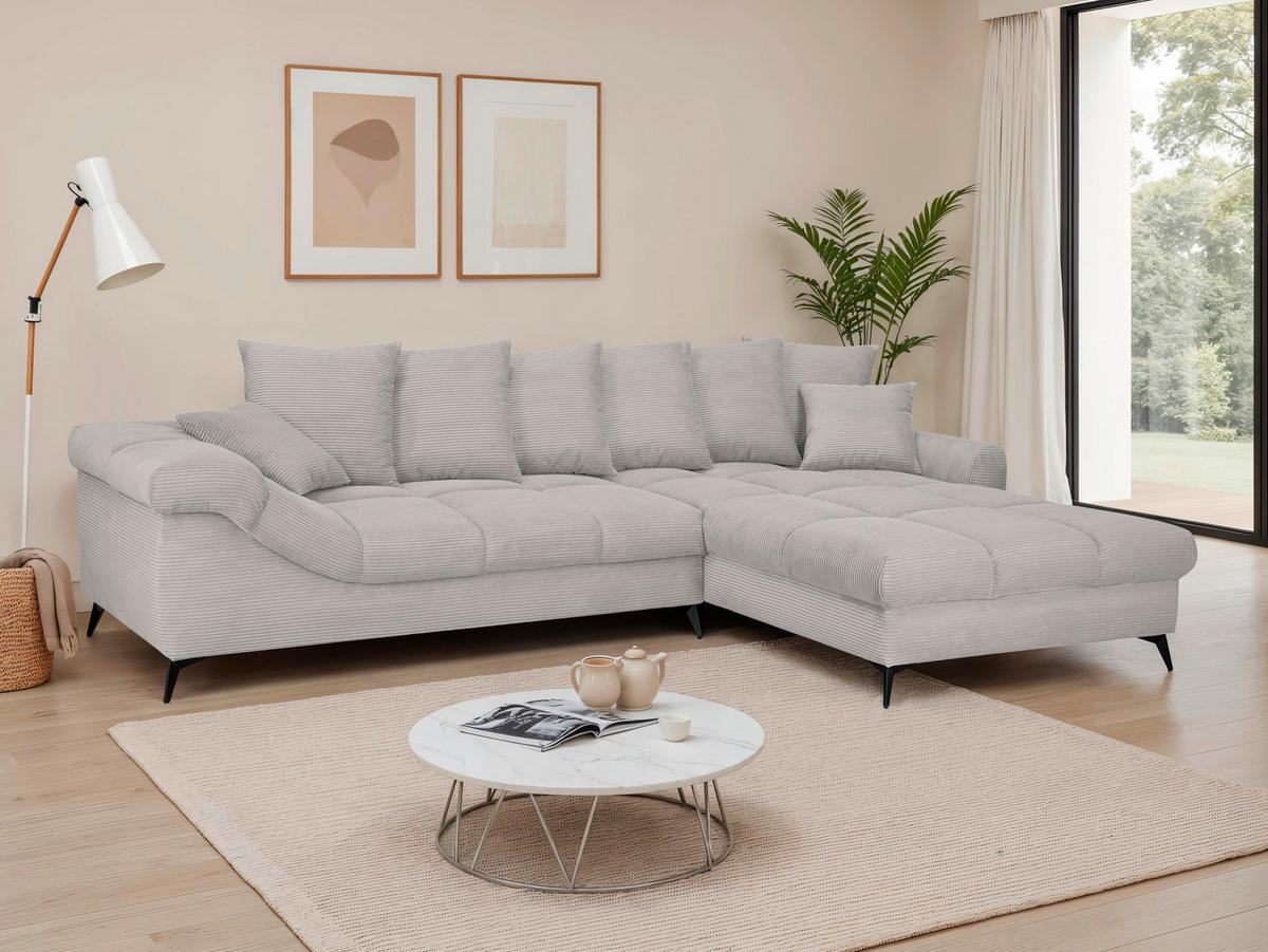 ECKSOFA Hellgrau Cord Rückenkissen, Armlehnenkissen, Rücken echt  - Hellgrau/Schwarz, KONVENTIONELL, Textil/Metall (332/231cm) - Carryhome