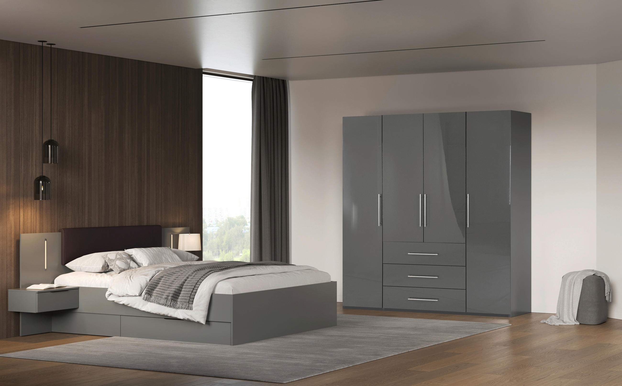 KLEIDERSCHRANK 196/219/59 cm 4-türig Anthrazit, Anthrazit Hochglanz  - Anthrazit/Anthrazit Hochglanz, KONVENTIONELL, Holzwerkstoff/Metall (196/219/59cm) - Carryhome