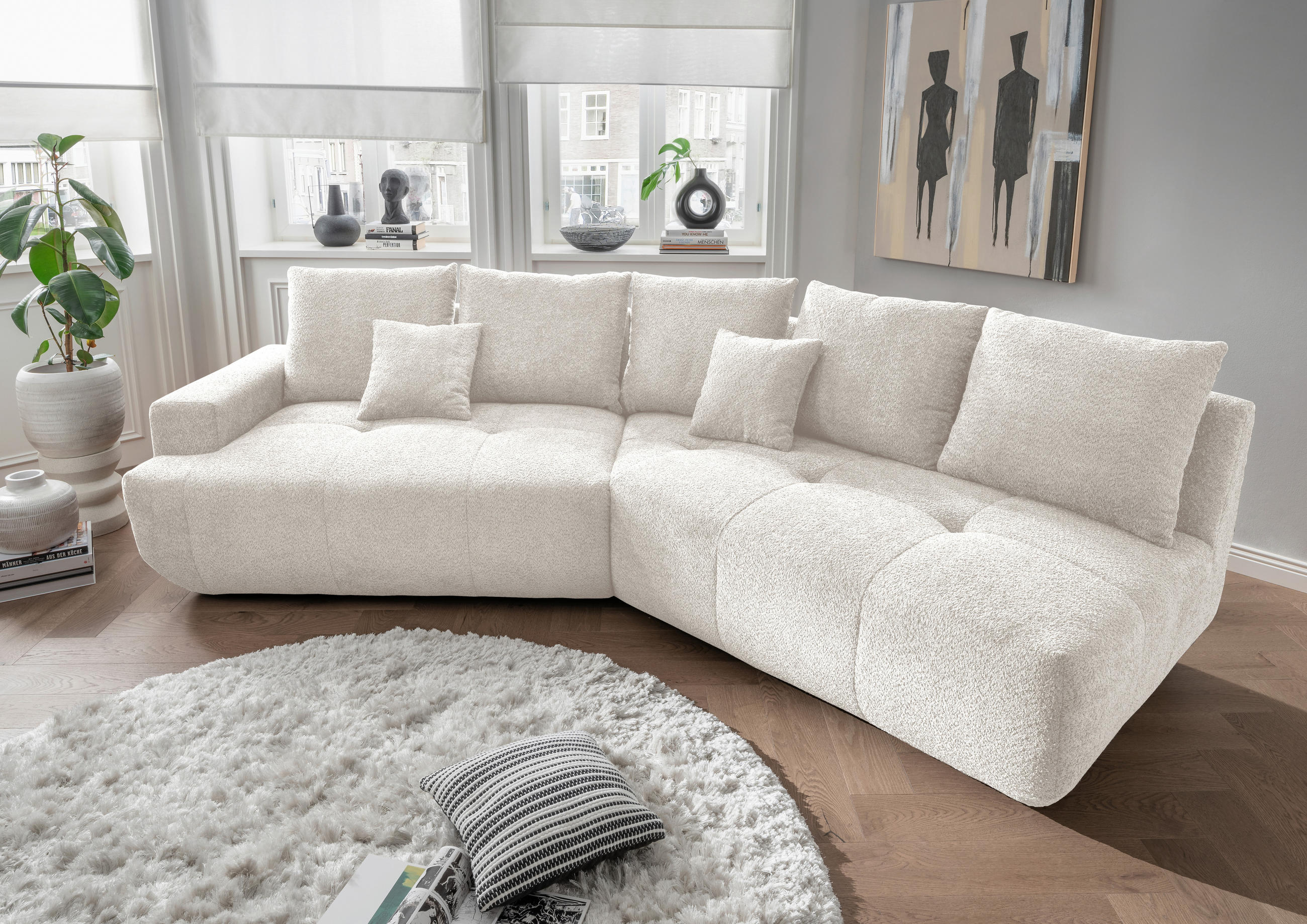 BIGSOFA in Bouclé Weiß  - Schwarz/Weiß, MODERN, Kunststoff/Textil (323/91/155cm) - Livetastic