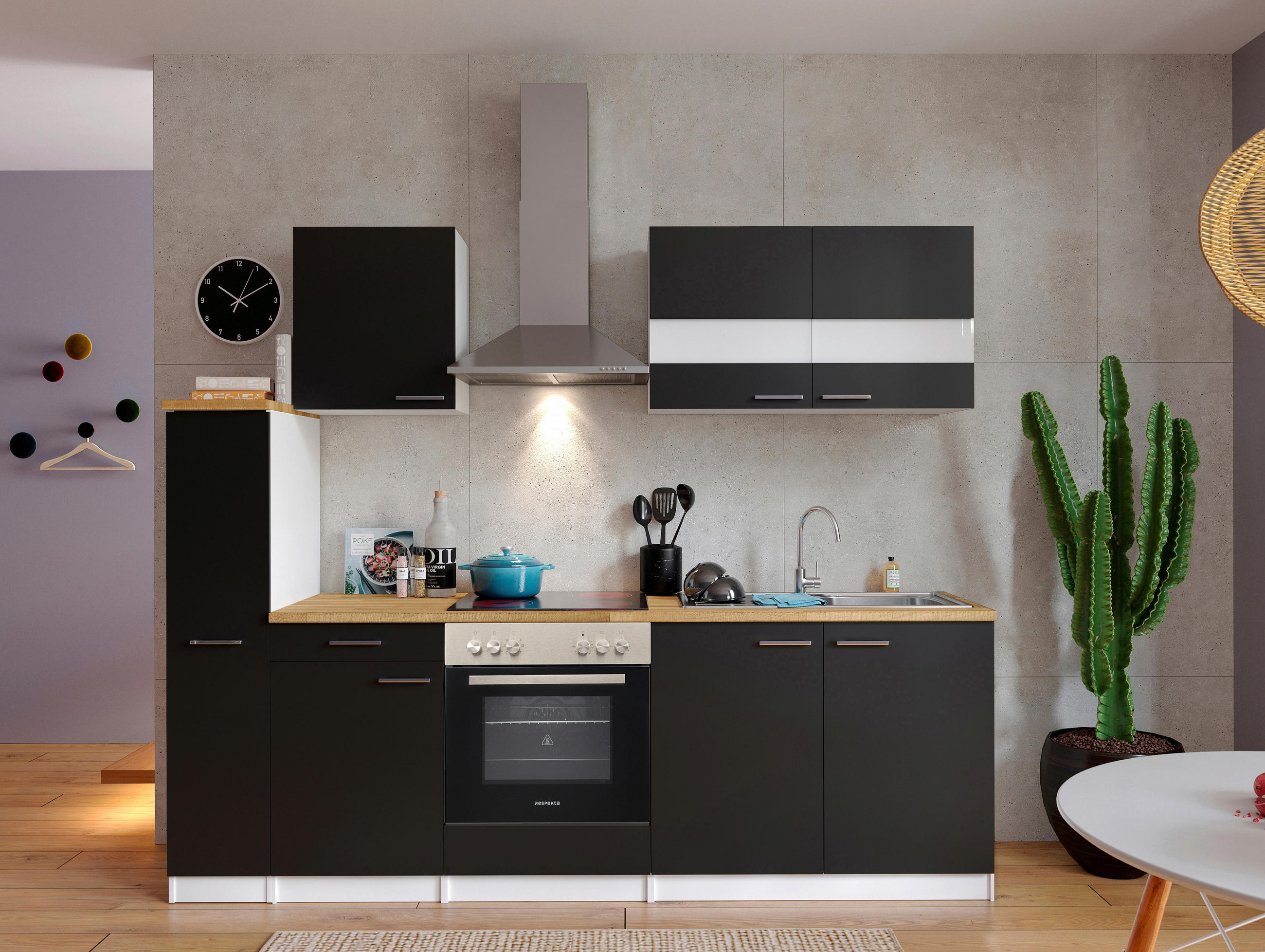 KÜCHENBLOCK 240 cm   in Schwarz  - Edelstahlfarben/Nussbaumfarben, Basics, Holzwerkstoff/Metall (240cm) - Respekta