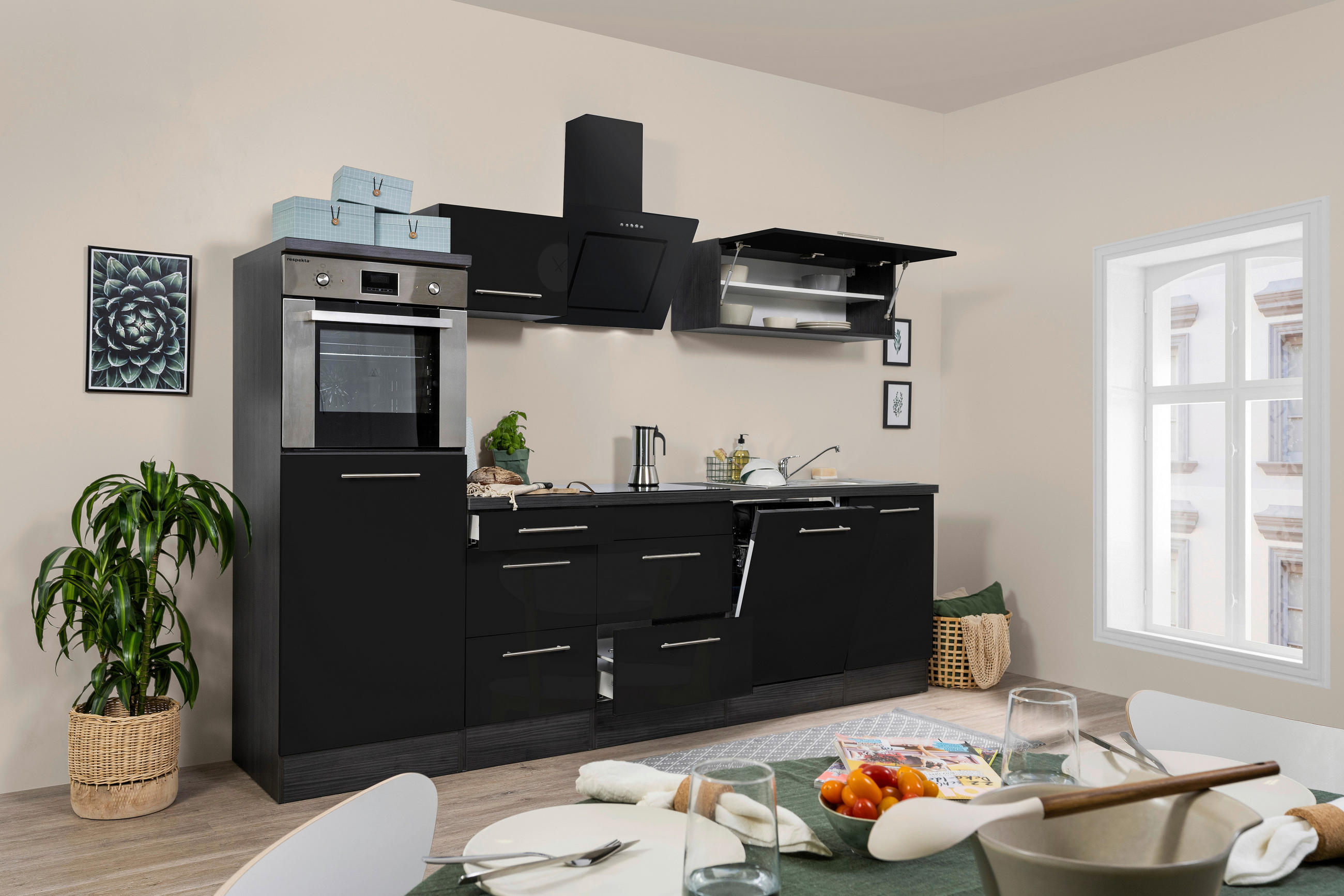 KÜCHENBLOCK 280 cm   in Schwarz, Eichefarben  - Edelstahlfarben/Eichefarben, Basics, Holzwerkstoff/Metall (280cm) - Respekta