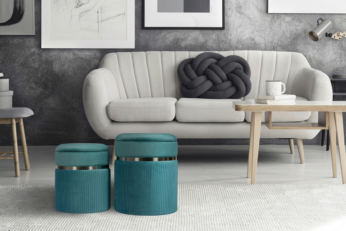 HOCKERSET Silberfarben, Petrol  - Silberfarben/Petrol, KONVENTIONELL, Kunststoff/Textil (31,5+36cm) - Kayoom