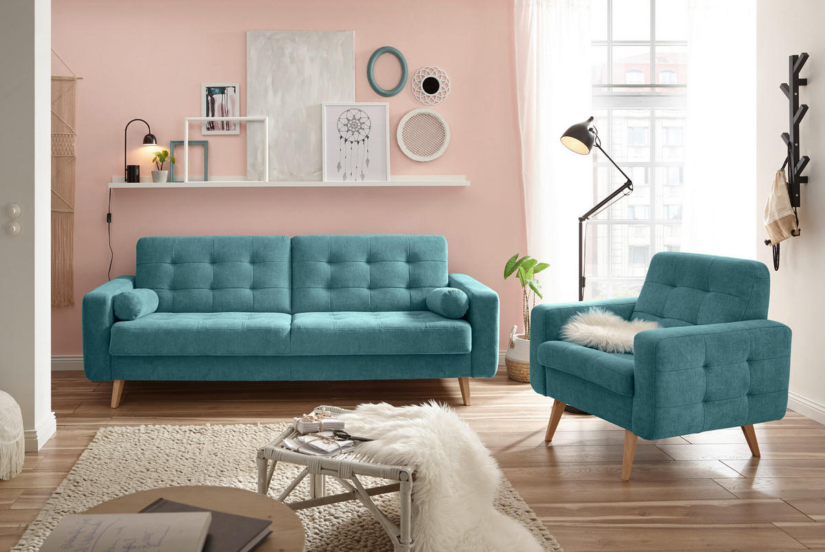 SCHLAFSOFA  in Mikrovelours Grün  - Schlammfarben/Eichefarben, MODERN, Holz/Textil (222/86/90cm) - MID.YOU