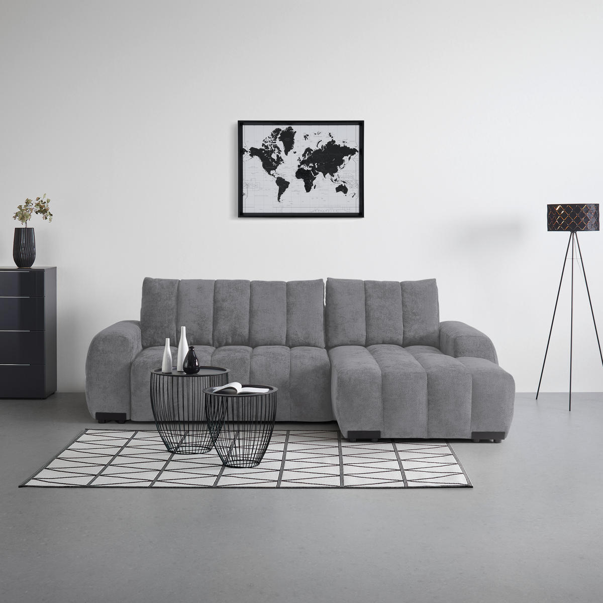 ECKSOFA Flachgewebe Grau  - Schwarz Hochglanz/Grau, Modern, Textil/Metall (273/93/166cm) - MID.YOU