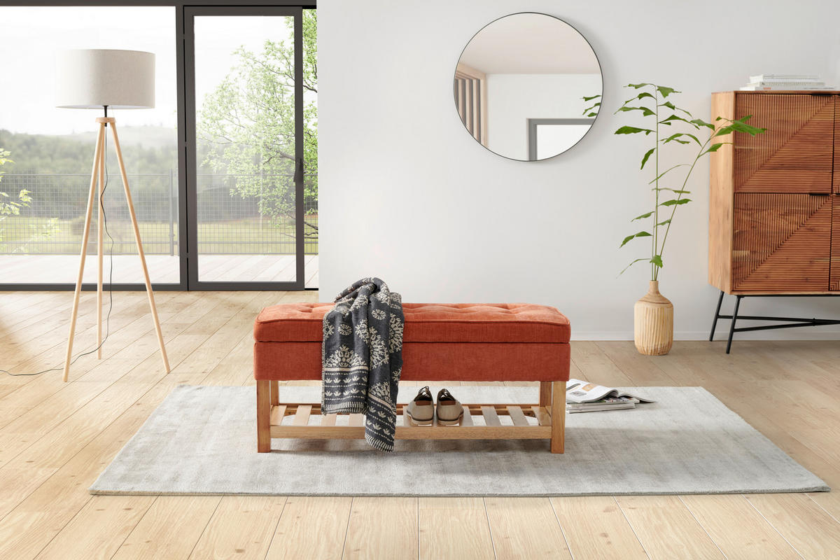 HOCKERBANK 110/49/43 cm Webstoff Orange, Naturfarben Kiefer, Kautschukholz massiv, Sperrholz  - Naturfarben/Orange, Design, Holz/Textil (110/49/43cm) - MID.YOU