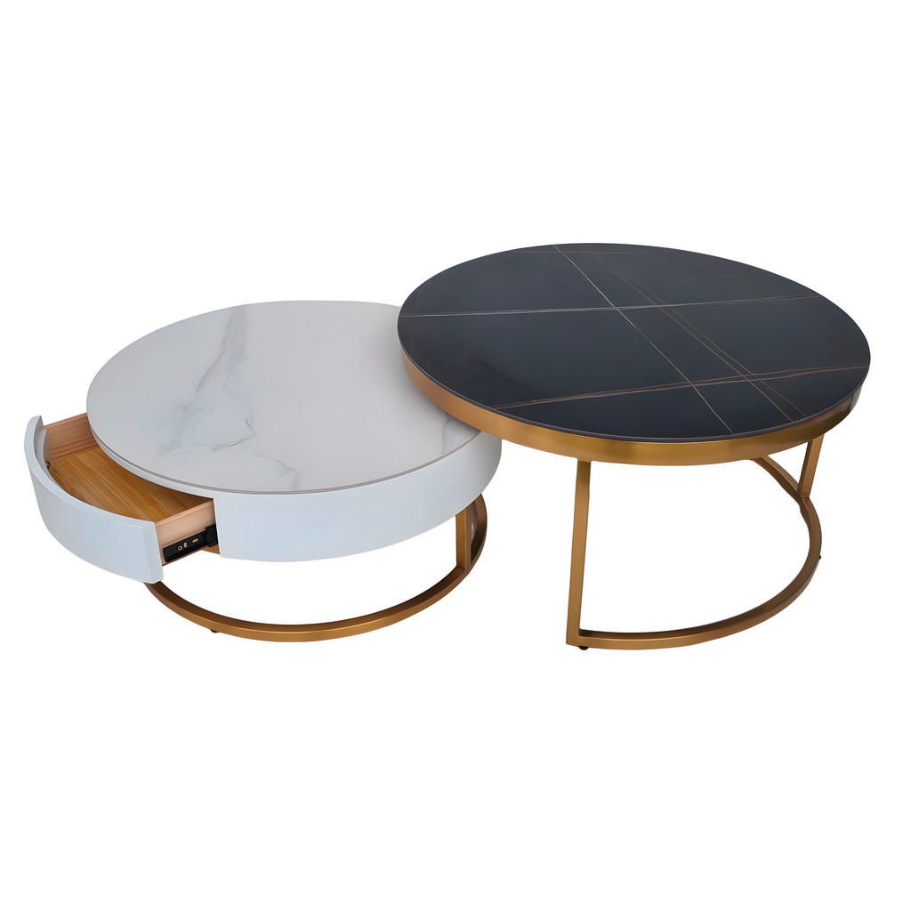 Thumbnail - Modante Couchtischset, Schwarz, Weiß, Gold, Metall, Stein, Holzwerkstoff, 2-teilig, Marmoroptik, rund, eckig, C-Form, 70...