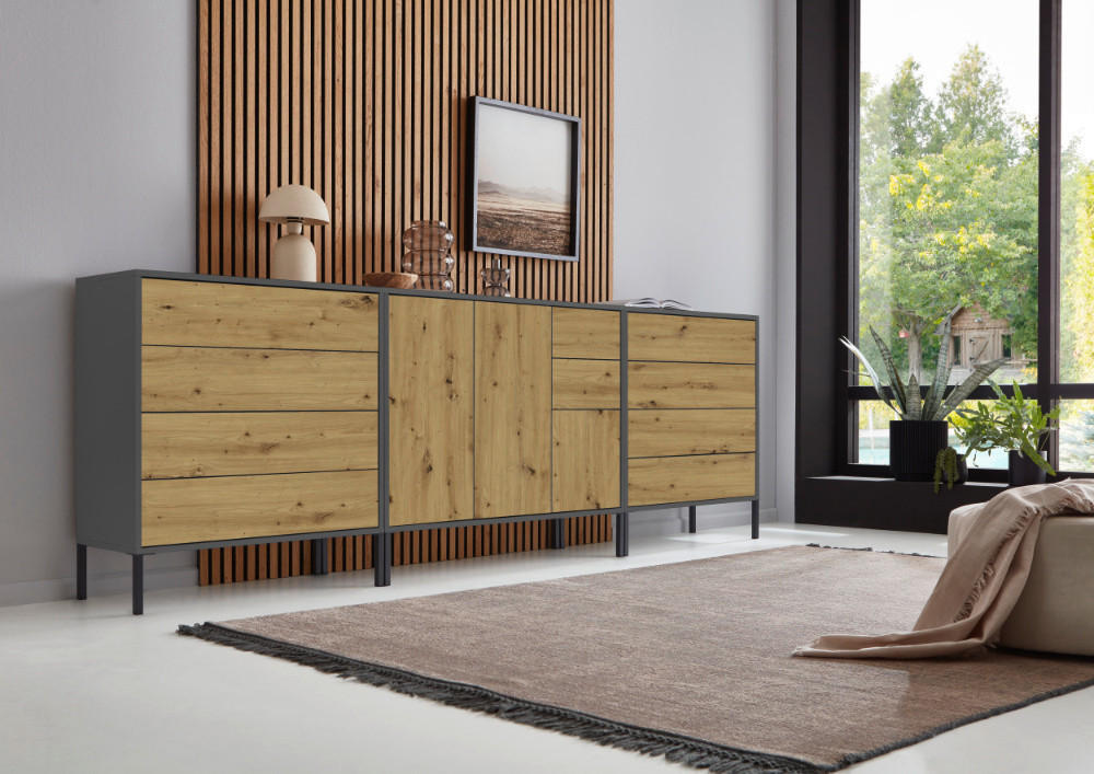 Thumbnail - Mid.you Sideboard, Anthrazit, Eiche Artisan, Holzwerkstoff, 1 Fächer, 10 Schublade(n) Schubladen, 263.5x86x33 cm, Made i...