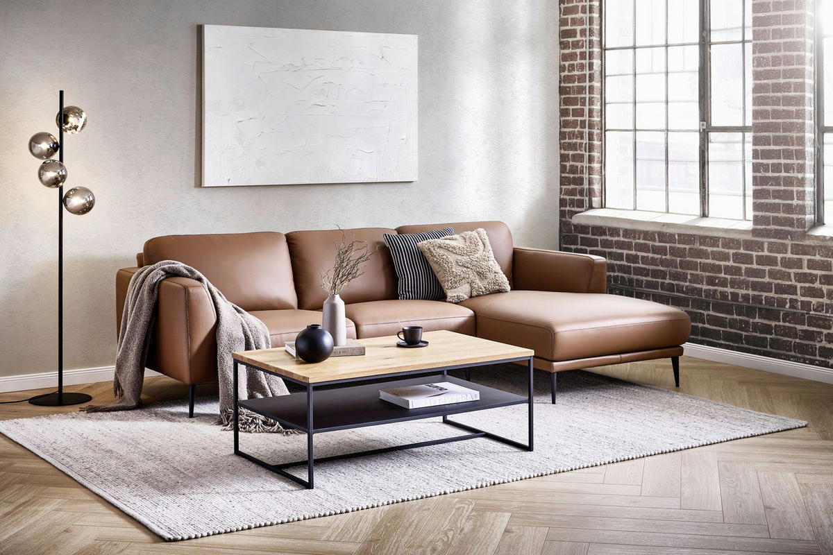 ECKSOFA Cognac Echtleder  - Cognac/Schwarz, MODERN, Leder/Metall (253/160cm) - Novel