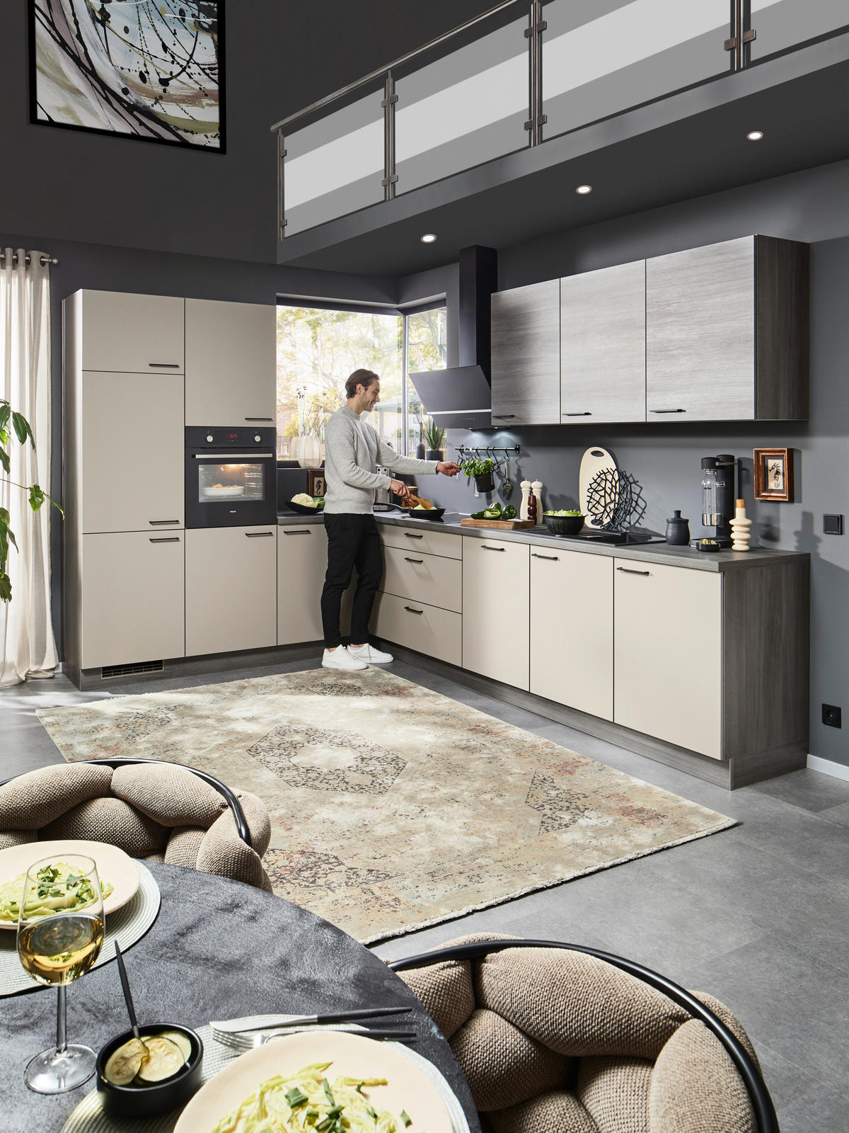 ECKKÜCHE 245/345 cm  in Creme, Eiche grau  - Eiche grau/Creme, MODERN, Holzwerkstoff/Metall (245/345cm) - Welnova