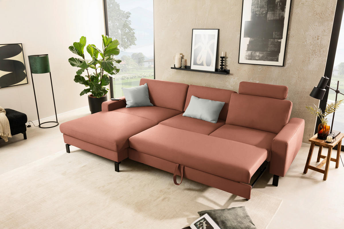 ECKSOFA  in Cord Rostfarben Rücken echt, Sitztiefenverstellung  185/298 cm  - Rostfarben/Schwarz, Design, Textil/Metall (185/298cm) - Pure Home Lifestyle