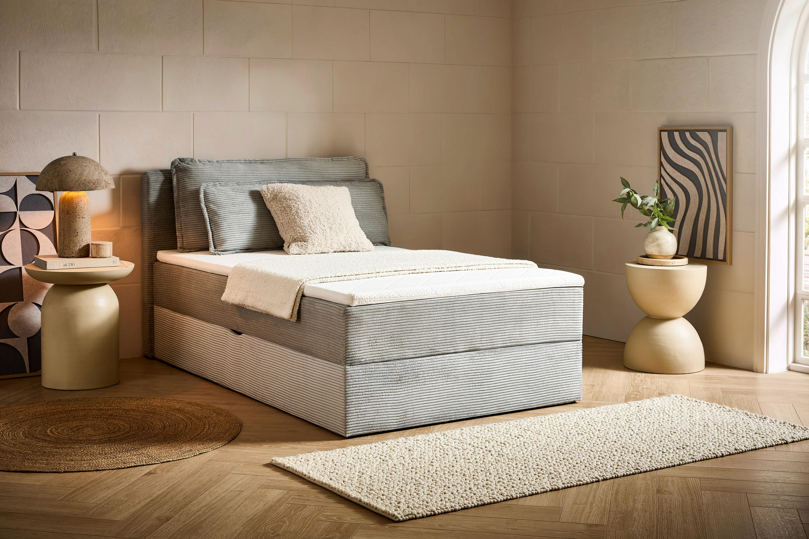 BOXBETT 120/200 cm,  in Hellgrau, Kissen, Bettkasten, Topper, H3 = fest  - Hellgrau/Schwarz, Design, Kunststoff/Textil (120/200cm) - Chameo