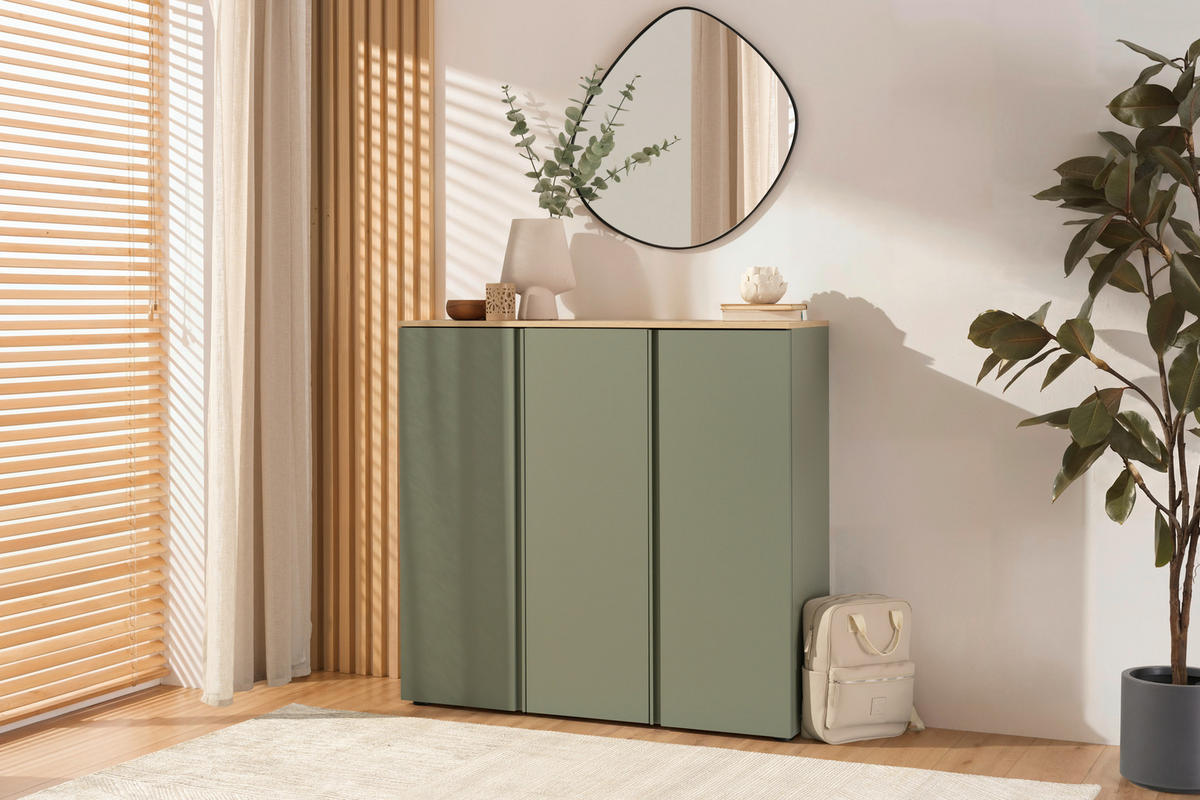 SCHUHSCHRANK Grün, Eichefarben  - Eichefarben/Schwarz, Design, Holzwerkstoff/Kunststoff (120,3/113,2/34cm) - Voleo