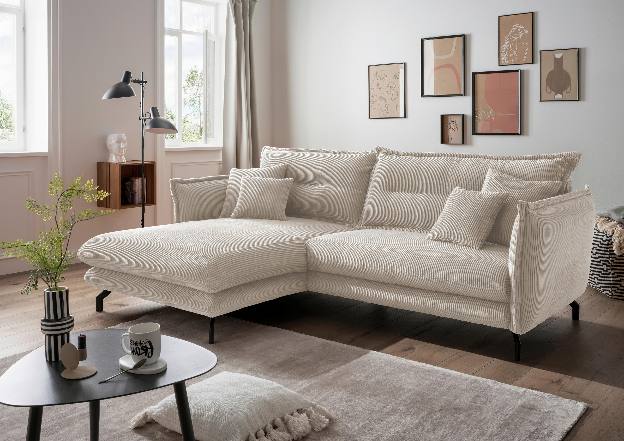 ECKSOFA in Cord Beige  180/255 cm  - Beige/Schwarz, MODERN, Textil/Metall (180/255cm) - Livetastic