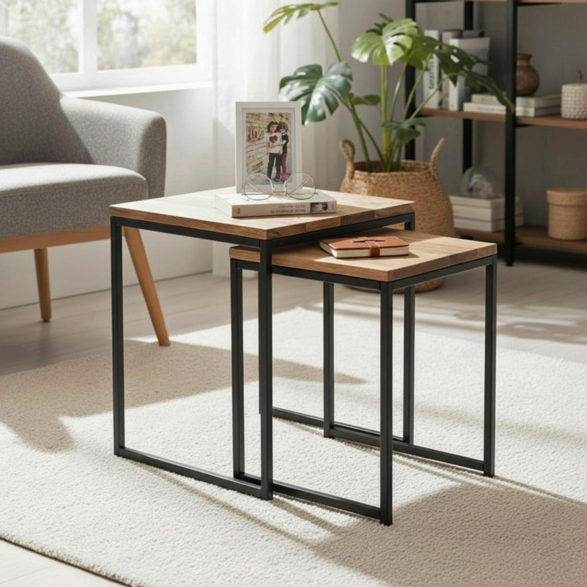 BEISTELLTISCHSET Eiche massiv rechteckig Schwarz, Eichefarben  - Eichefarben/Schwarz, Design, Holz/Metall