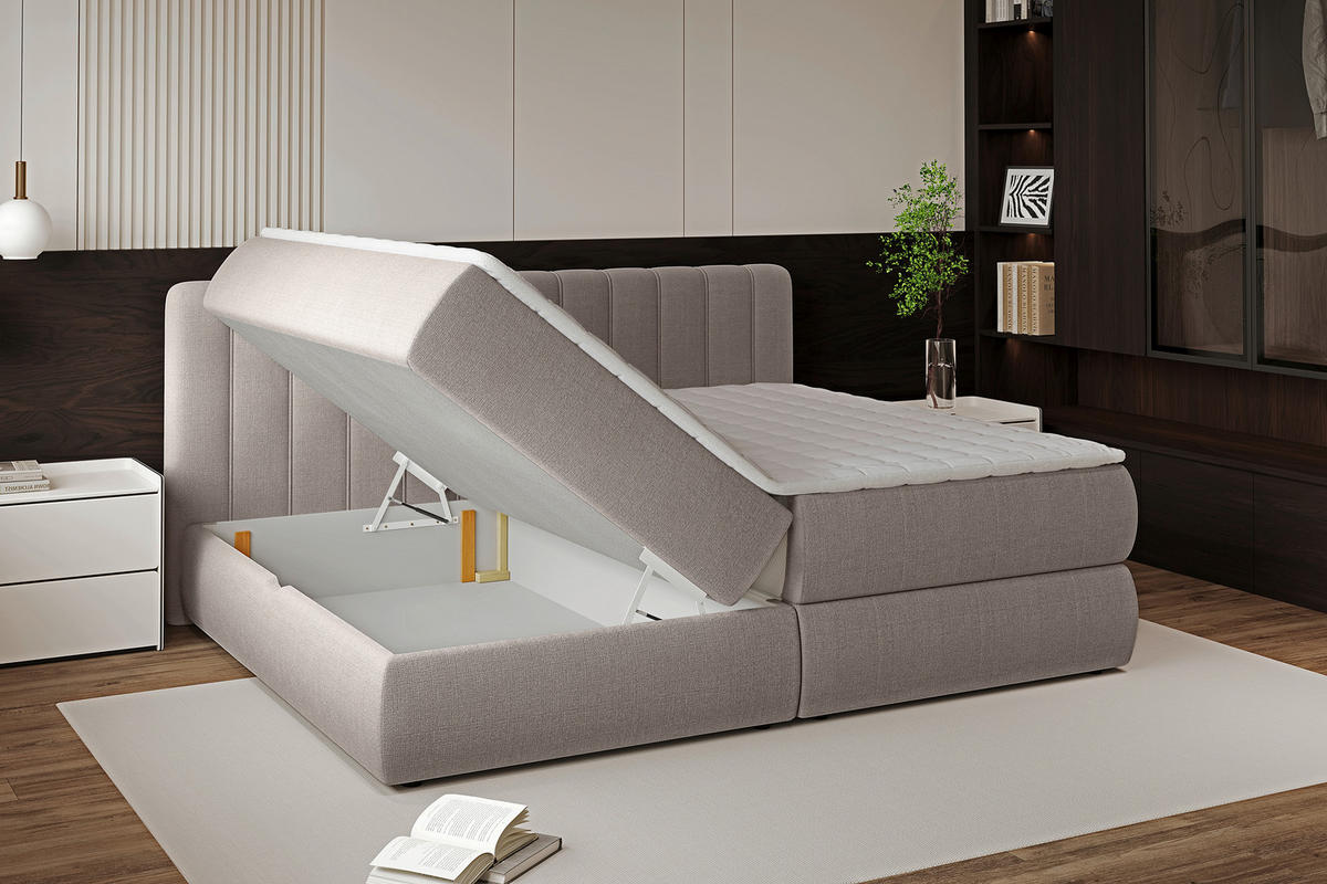 BOXSPRINGBETT 200/200 cm,  in Taupe, gepolstertes Kopfteil, Bettkasten, Topper, Matratzen, H2 + H3 = mittel + fest  - Taupe/Schwarz, Design, Kunststoff/Textil (200/200cm) - Chameo