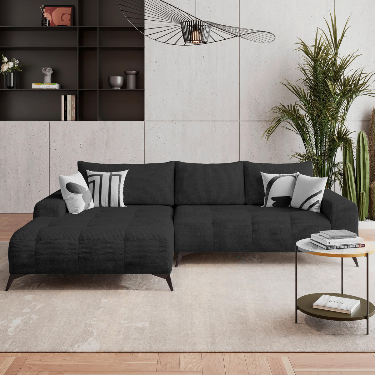 ECKSOFA MAURO Schwarz Flachgewebe  - Schwarz, Trend, Textil/Metall (175/290cm) - MID.YOU