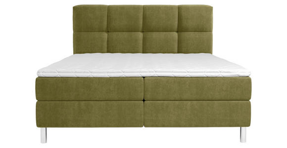 BOXBETT 140/200 cm,  in Olivgrün, gepolstertes Kopfteil, Bettkasten, Topper, H3 = fest  - Chromfarben/Olivgrün, Design, Holz/Holzwerkstoff (140/200cm) - Esposa