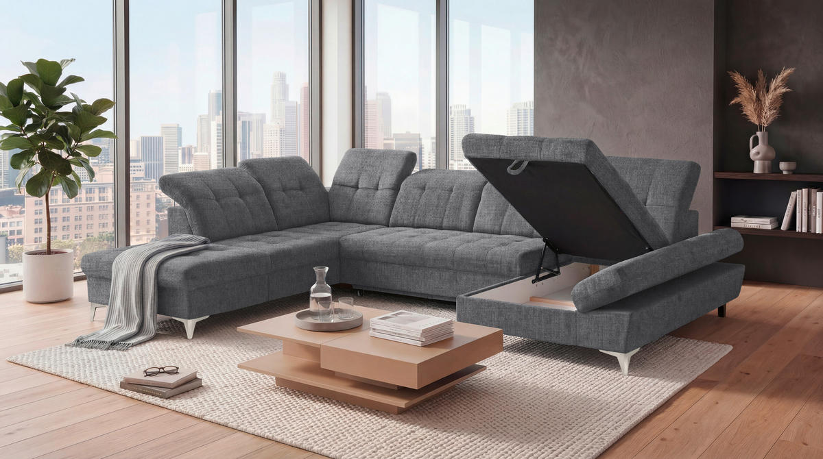 WOHNLANDSCHAFT Mikrovelours Anthrazit  - Kaschmir/Anthrazit, Modern, Kunststoff/Textil (245/348/168cm) - MID.YOU