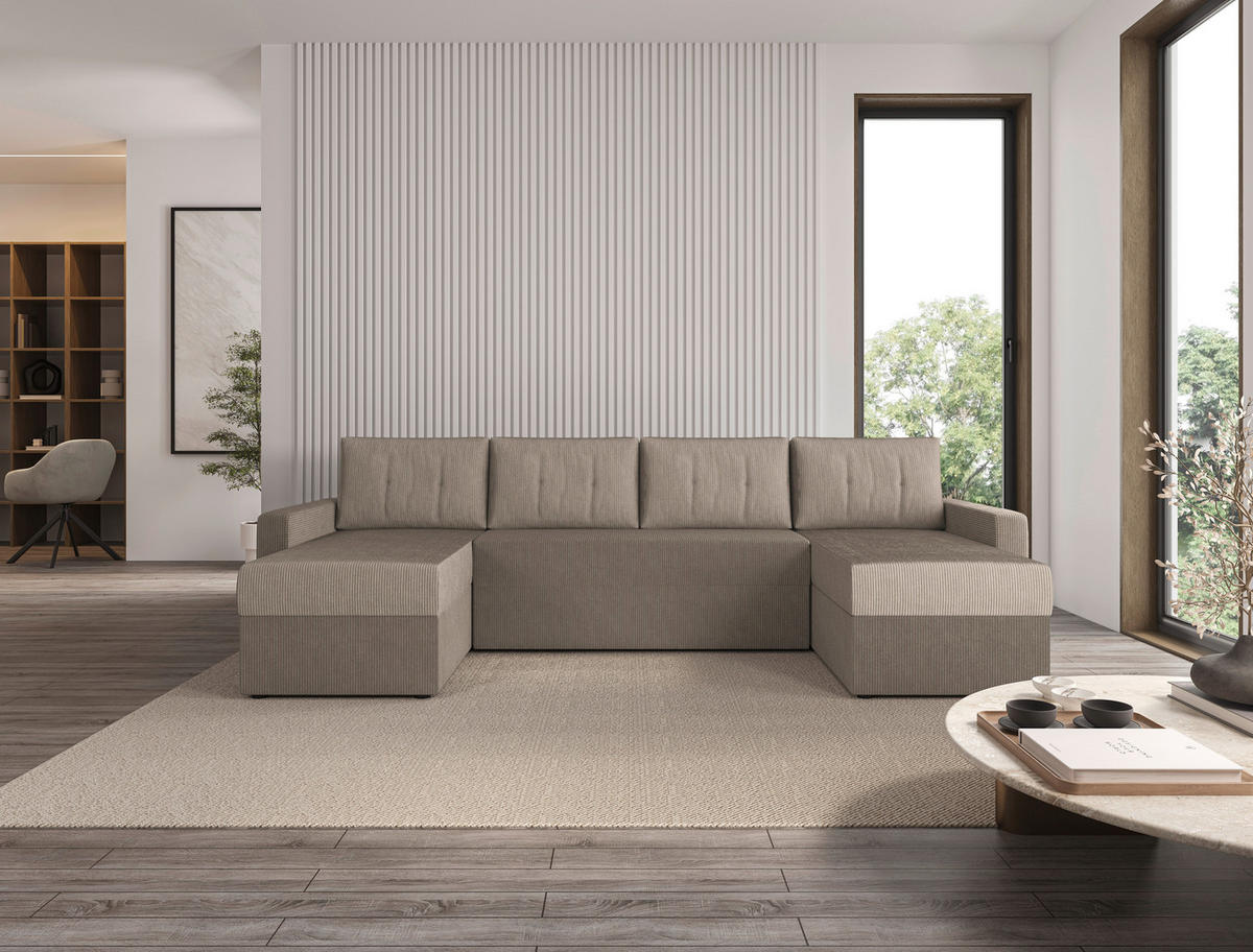 WOHNLANDSCHAFT Taupe Cord  - Taupe/Schwarz, KONVENTIONELL, Kunststoff/Textil (152/290/152cm) - Ti'me
