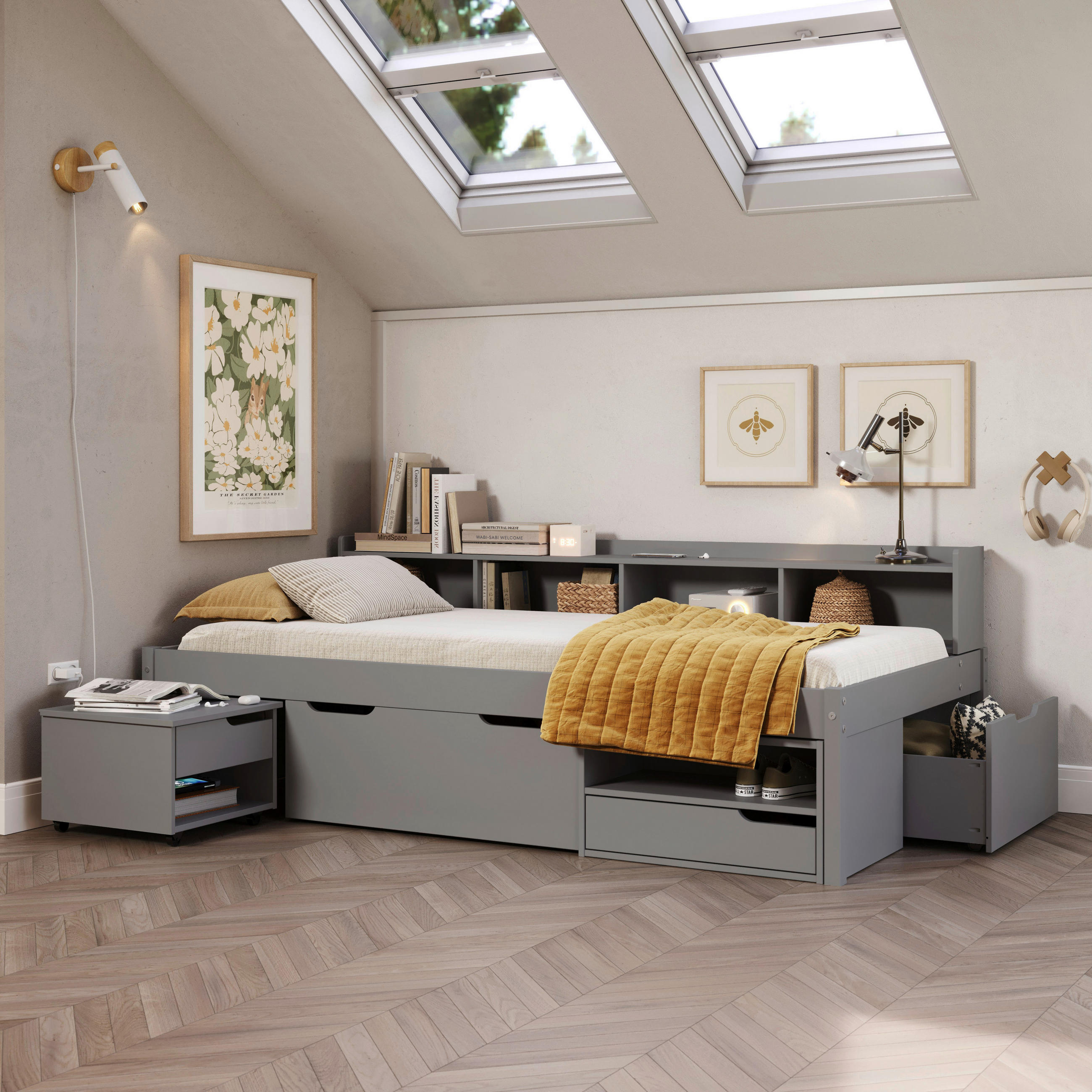 STAURAUMBETT 90/200 cm  in Grau  - Naturfarben/Grau, MODERN, Holz/Holzwerkstoff (90/200cm) - MID.YOU