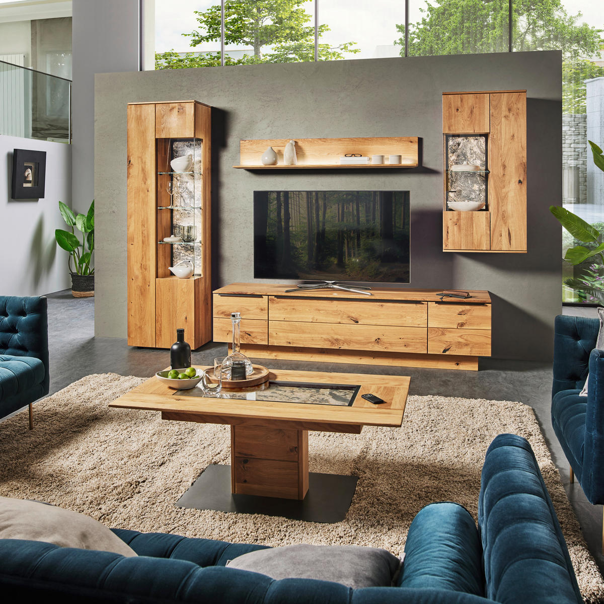 WOHNWAND  in Eichefarben 320/205,7/53,7 cm  - Eichefarben/Schwarz, Natur, Glas/Holz (320/205,7/53,7cm) - Valnatura
