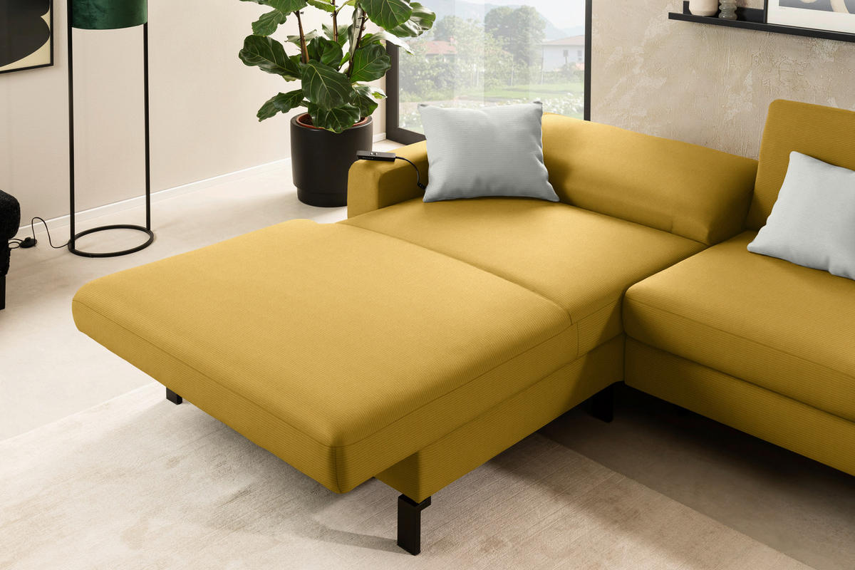 ECKSOFA  in Cord Goldfarben Rücken echt, Sitztiefenverstellung  185/298 cm  - Goldfarben/Schwarz, Design, Textil/Metall (185/298cm) - Pure Home Lifestyle