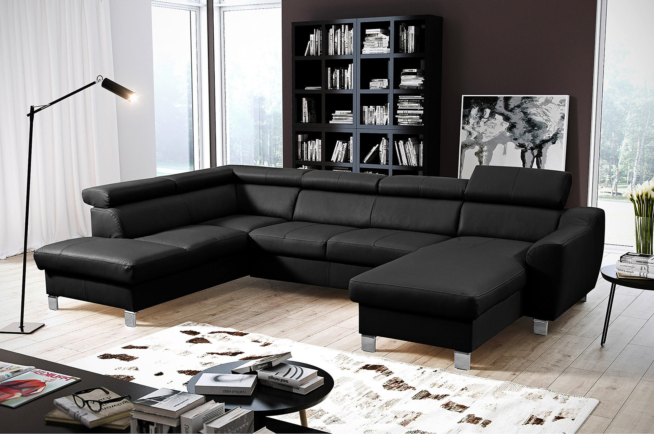 WOHNLANDSCHAFT Schwarz Echtleder Lederlook  - Chromfarben/Schwarz, Design, Leder/Textil (208/315/175cm) - Livetastic