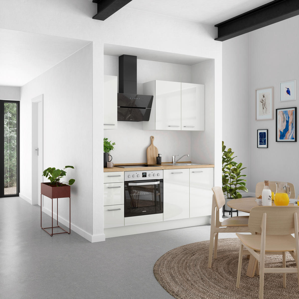 KÜCHENLEERBLOCK 180 cm   in Eichefarben, Weiß Hochglanz  - Edelstahlfarben/Eichefarben, MODERN, Holzwerkstoff/Metall (180cm) - Nobilia