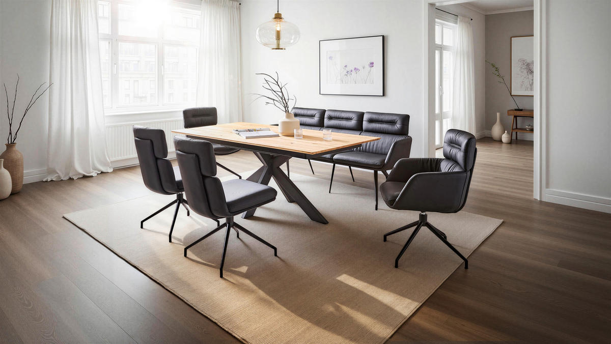 STUHL  Wippfunktion, Sitzfläche 360° drehbar, automatische Rückholfunktion  Echtleder  Schwarz  - Schwarz, Design, Leder/Metall (50/92/64,5cm) - Dieter Knoll