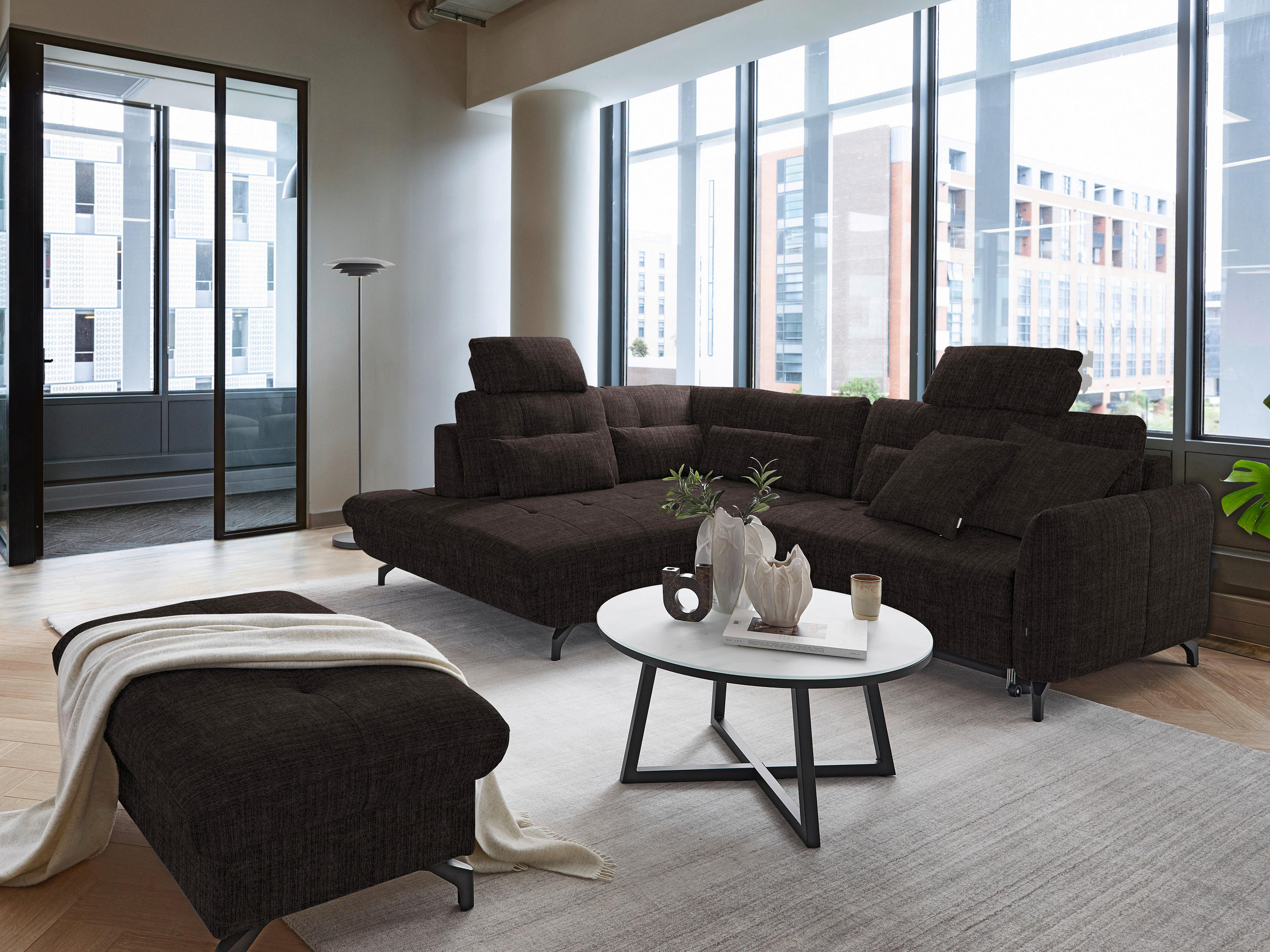 ECKSOFA in Flachgewebe, Leinenoptik Dunkelbraun  - Dunkelbraun/Schwarz, Design, Textil/Metall (208/247cm) - Xora