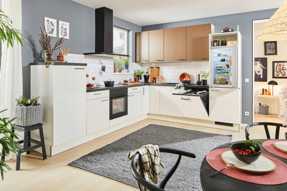 ECKKÜCHE 330/270 cm  in Weiß, Bronzefarben  - Schwarz/Weiß, Design, Holzwerkstoff/Metall (330/270cm) - Xora