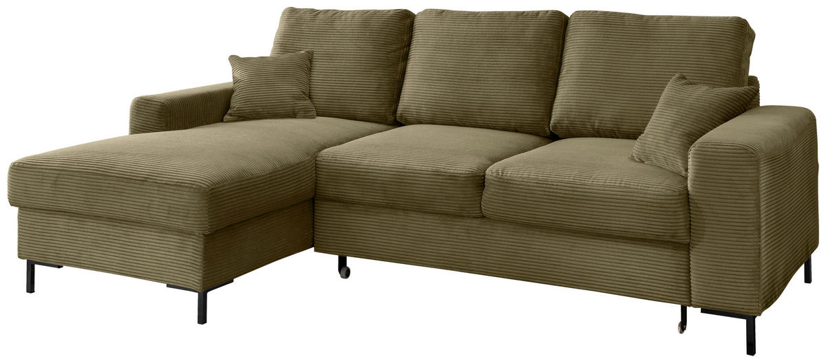 ECKSCHLAFSOFA  mit Rücken echt Cord Olivgrün  - Schwarz/Olivgrün, KONVENTIONELL, Textil/Metall (143/237cm) - Livetastic