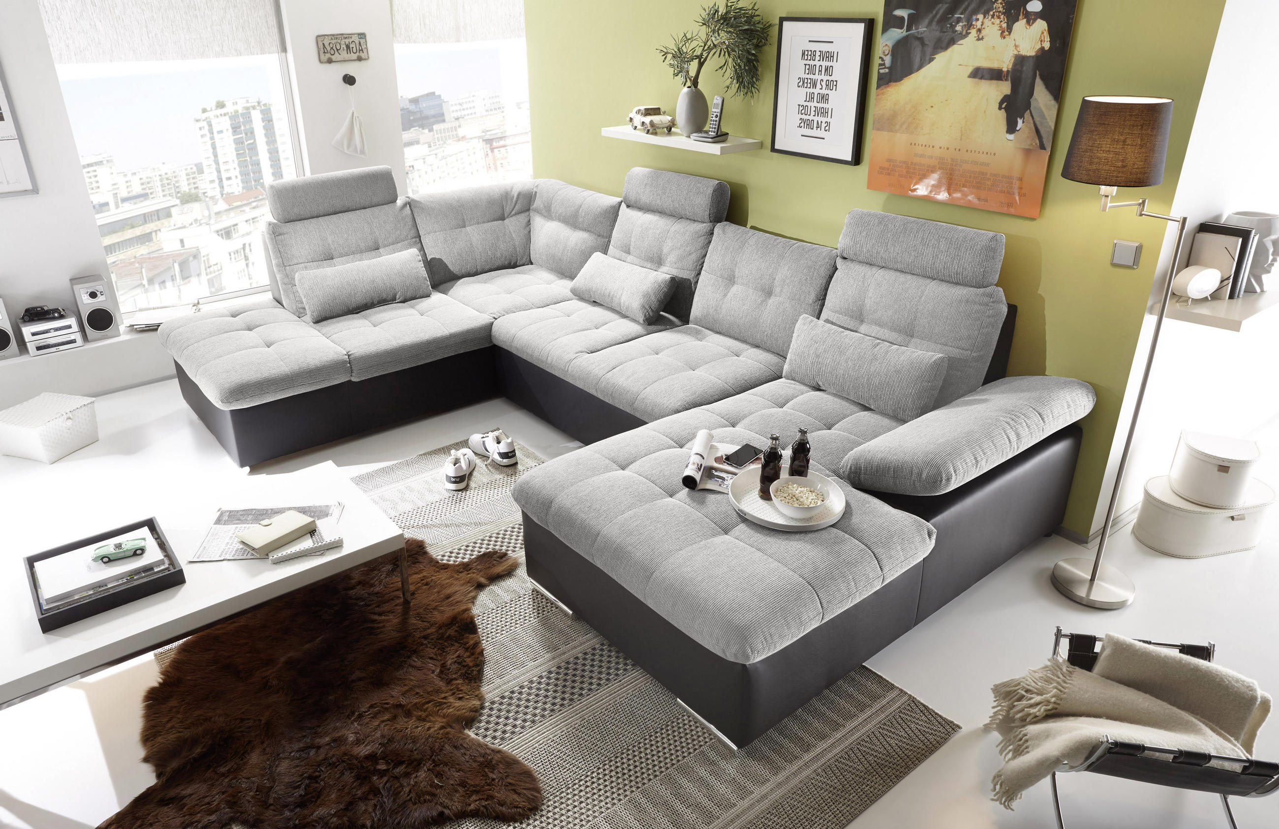 SOFFA i vävt tyg svart, silver  - silver/svart, Modern, trämaterial/textil (218/324/170cm) - MID.YOU
