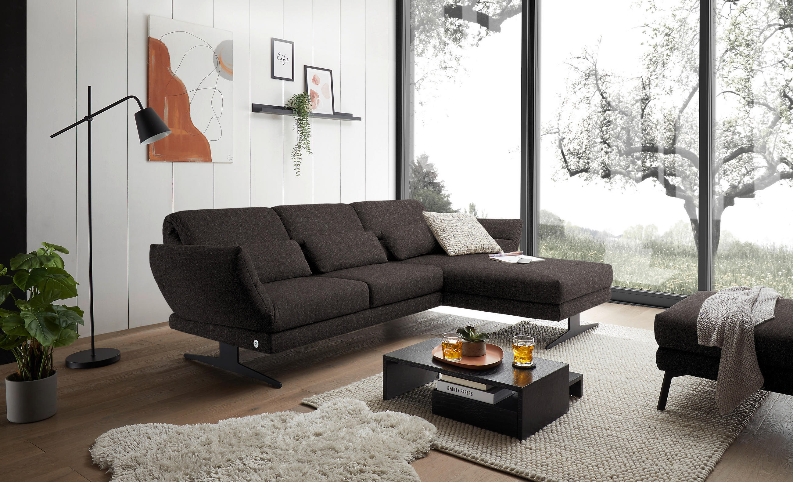 ECKSOFA in Flachgewebe Dunkelbraun  - Dunkelbraun/Schwarz, Design, Textil/Metall (279-327/176-217cm) - Dieter Knoll