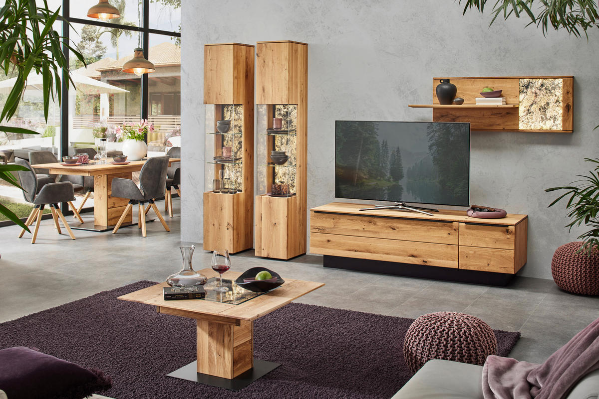 WOHNWAND  in Eichefarben  298/205,7/53,7 cm  - Eichefarben/Schwarz, Natur, Glas/Holz (298/205,7/53,7cm) - Valnatura