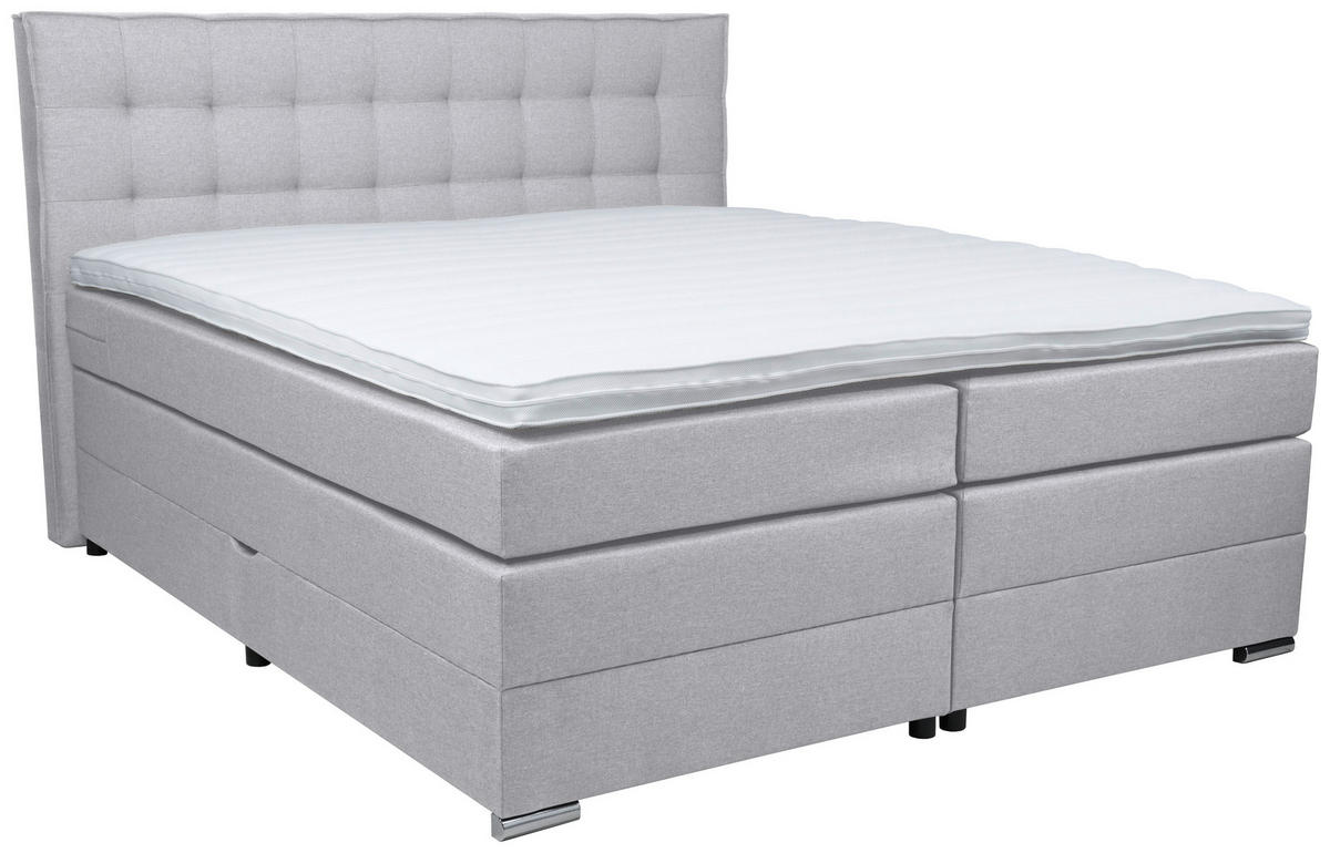 BOXSPRINGBETT 180/200 cm,  in Hellgrau, Bettkasten, Topper, Matratzen, H4 = sehr fest  - Chromfarben/Hellgrau, KONVENTIONELL, Kunststoff/Textil (180/200cm) - Boxxx