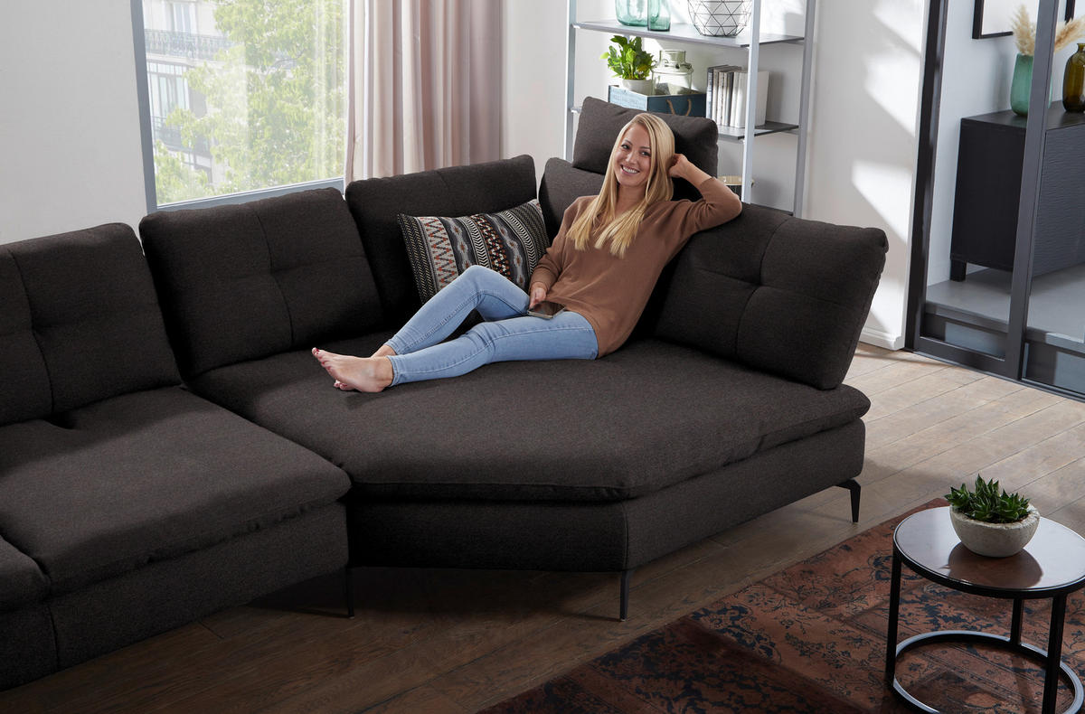 ECKSOFA in Flachgewebe Schwarz  - Schwarz, Design, Textil/Metall (344/157cm) - Chilliano
